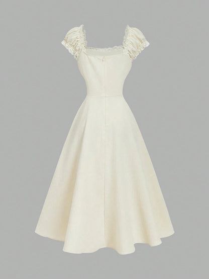 Fashzeo apricot embroidered midi dress with contrast lace square neck and puff shell sleeves1