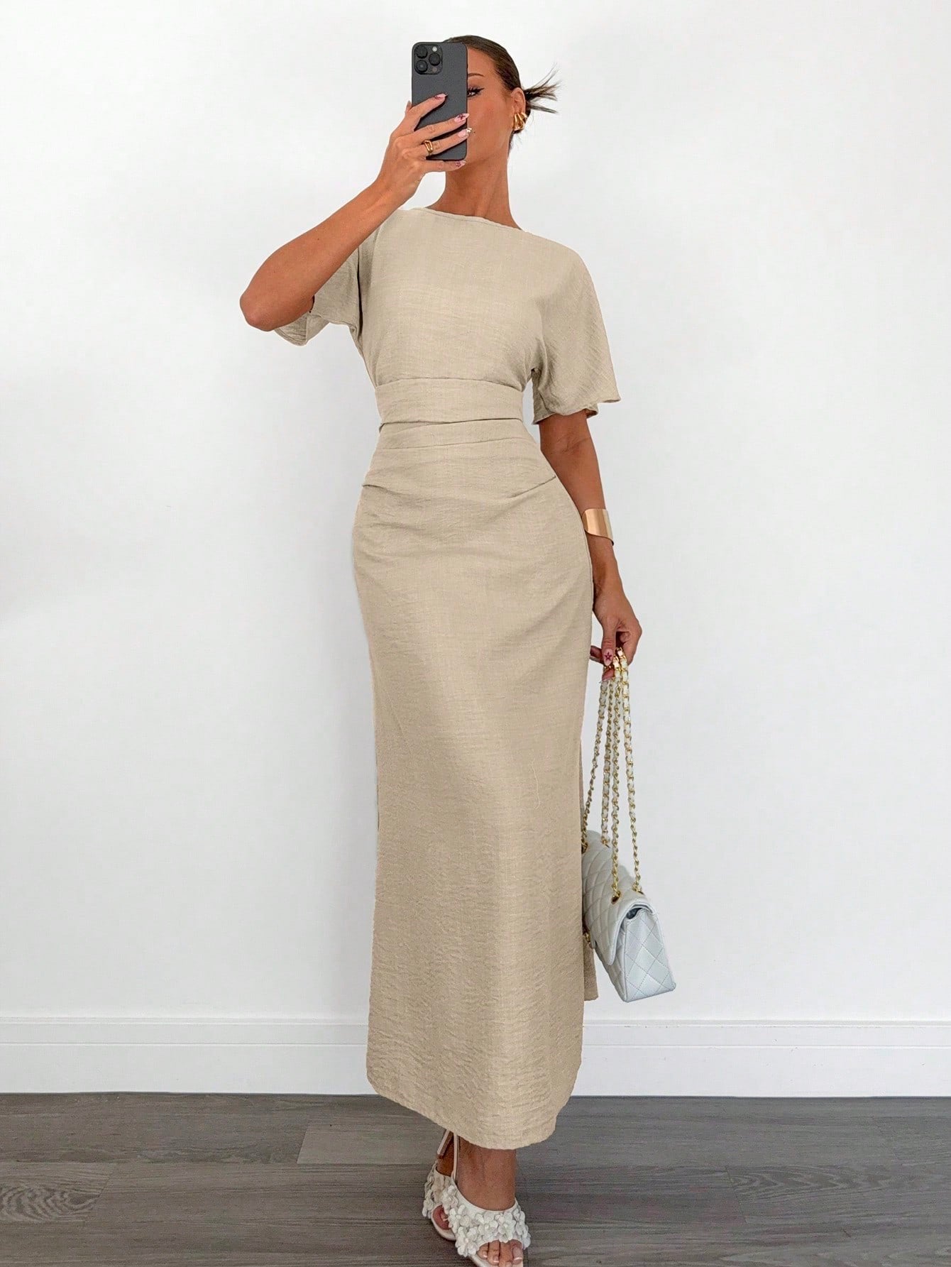 Fashzeo apricot linen blend long dress featuring a square neck, high slit, and ruffled fishtail hem for a quiet luxury aesthetic.