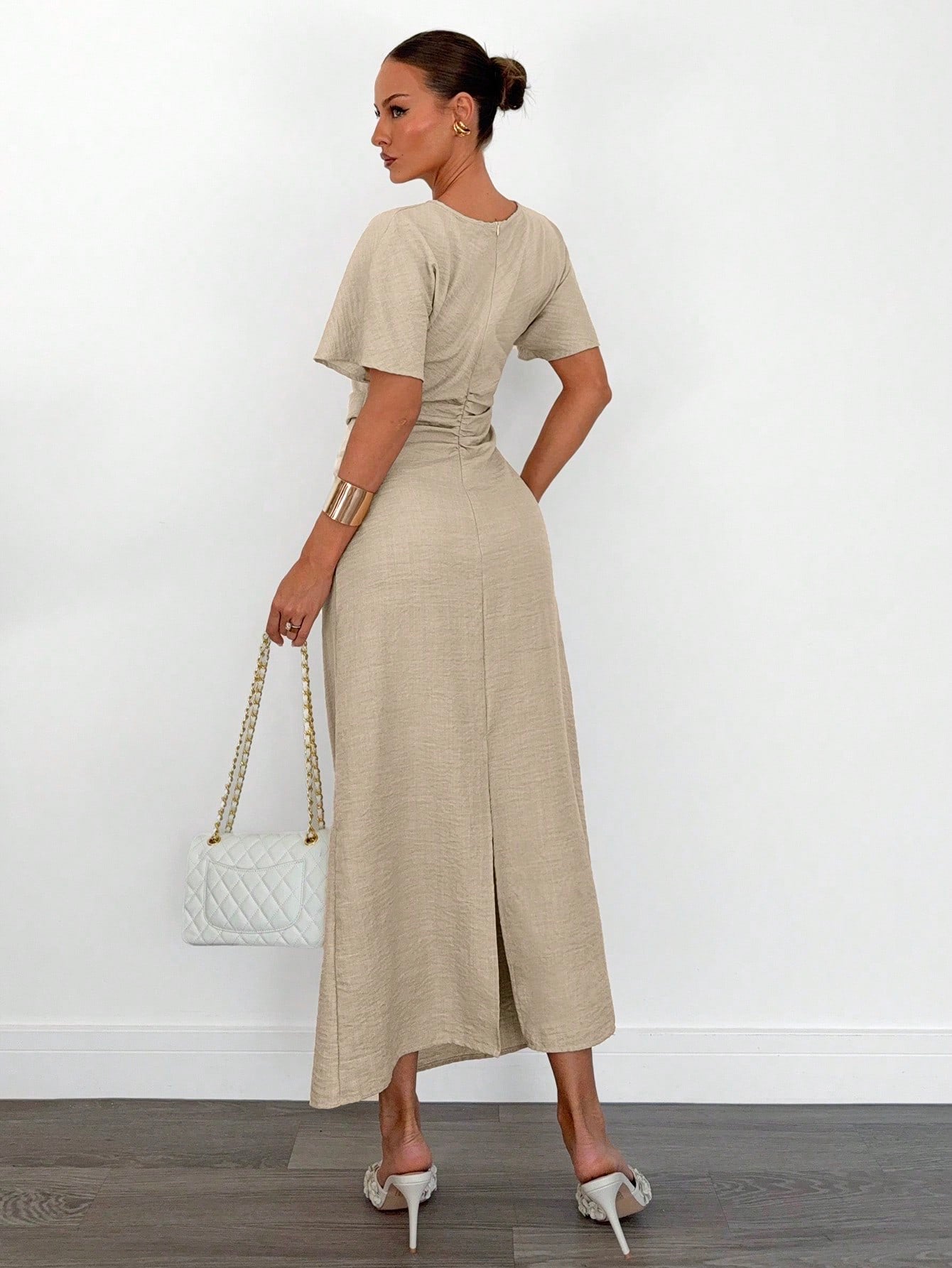 Fashzeo apricot linen blend long dress featuring a square neck, high slit, and ruffled fishtail hem for a quiet luxury aesthetic.1