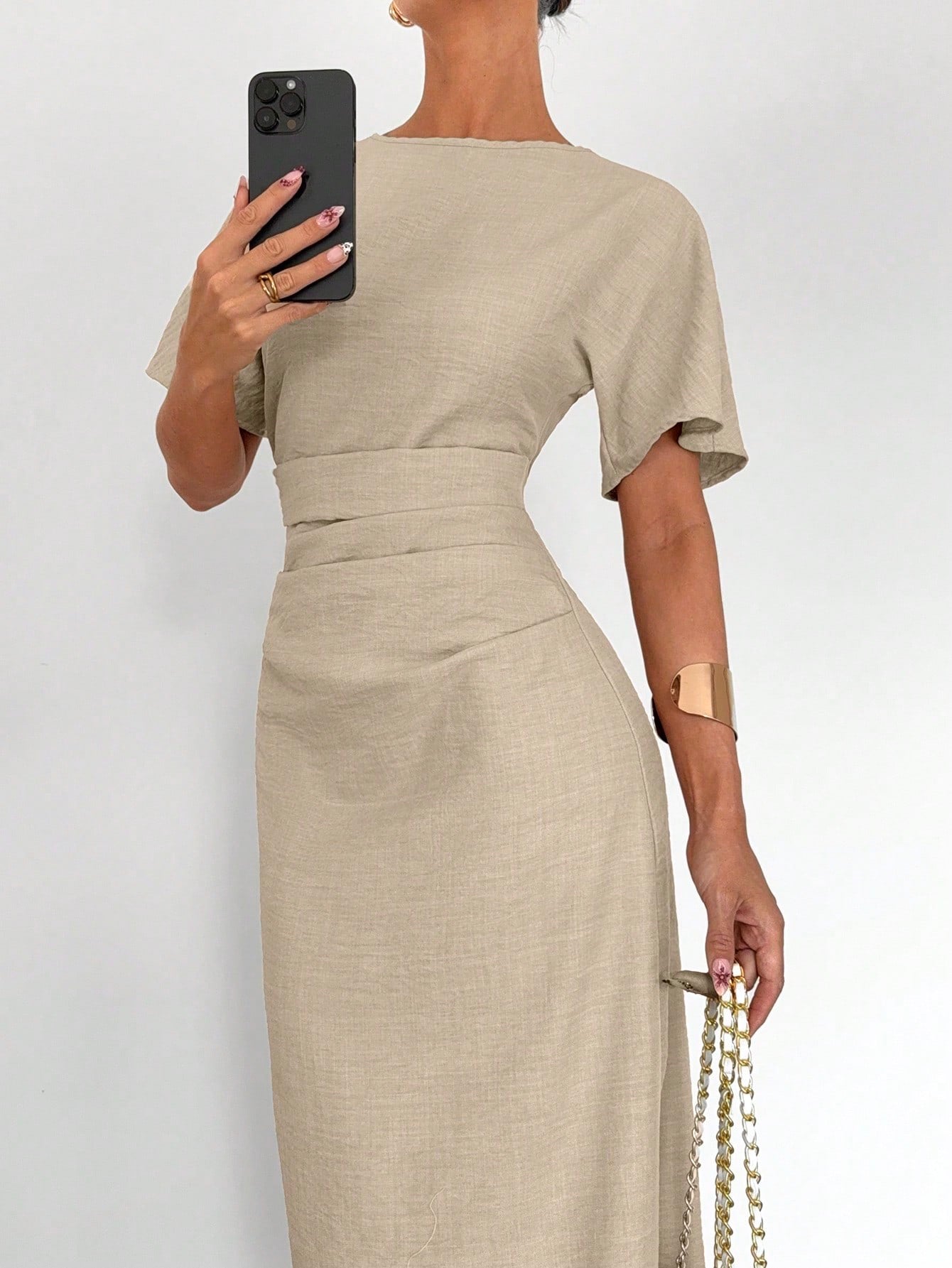 Fashzeo apricot linen blend long dress featuring a square neck, high slit, and ruffled fishtail hem for a quiet luxury aesthetic.2