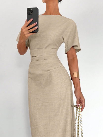 Fashzeo apricot linen blend long dress featuring a square neck, high slit, and ruffled fishtail hem for a quiet luxury aesthetic.2