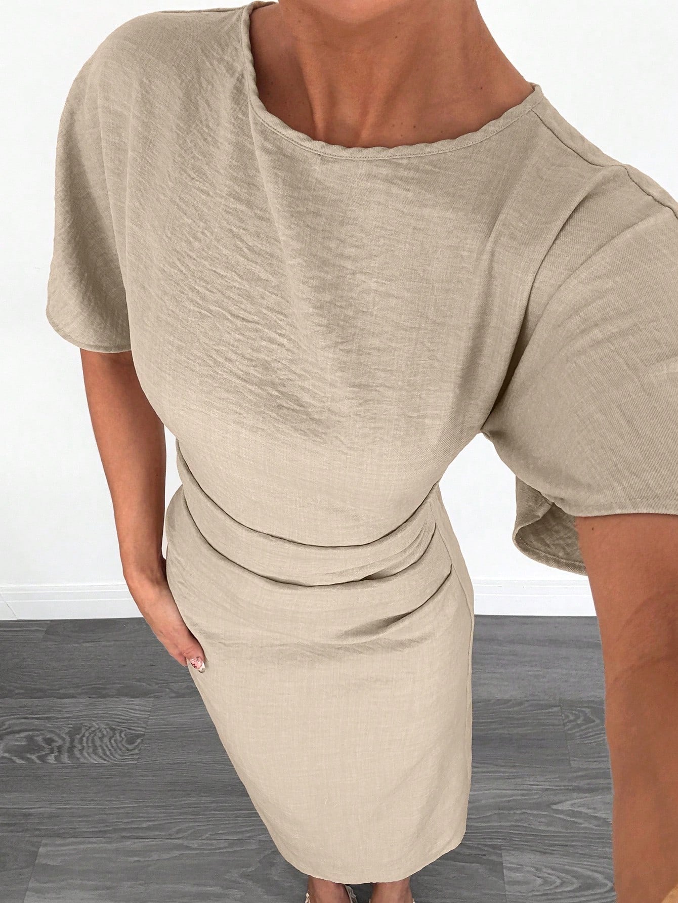 Fashzeo apricot linen blend long dress featuring a square neck, high slit, and ruffled fishtail hem for a quiet luxury aesthetic.3