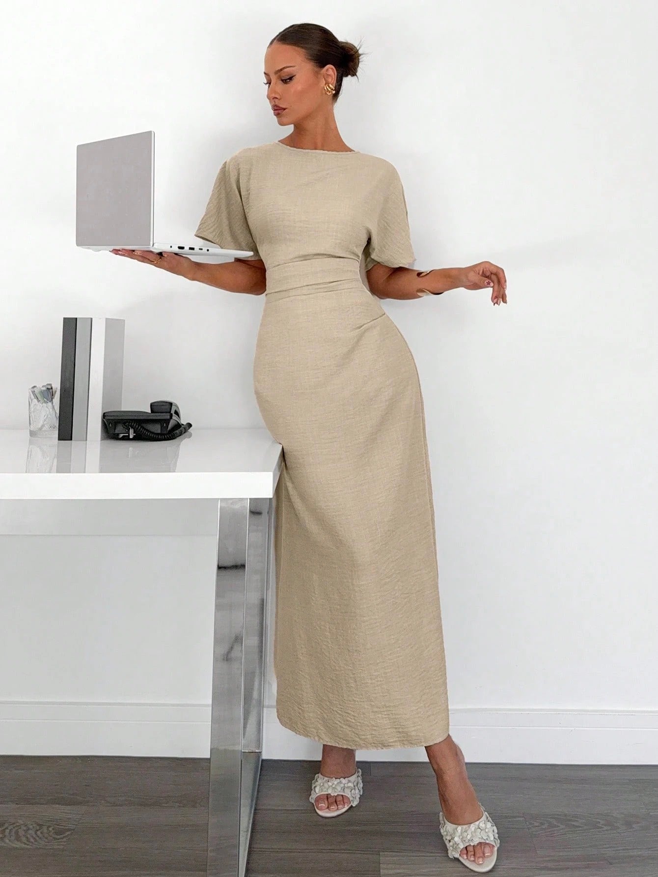 Fashzeo apricot linen blend long dress featuring a square neck, high slit, and ruffled fishtail hem for a quiet luxury aesthetic.4