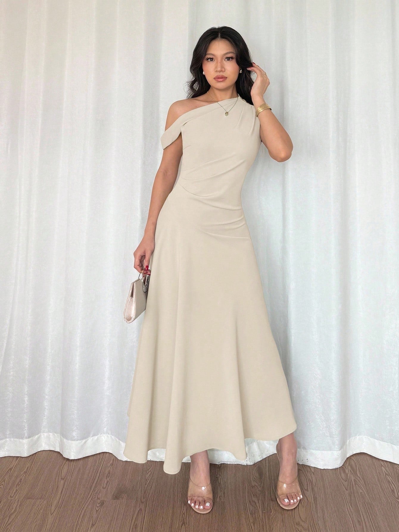 Fashzeo apricot one-shoulder fit and flare dress with dramatic ruffle detail for summer vacations and graduation ceremonies