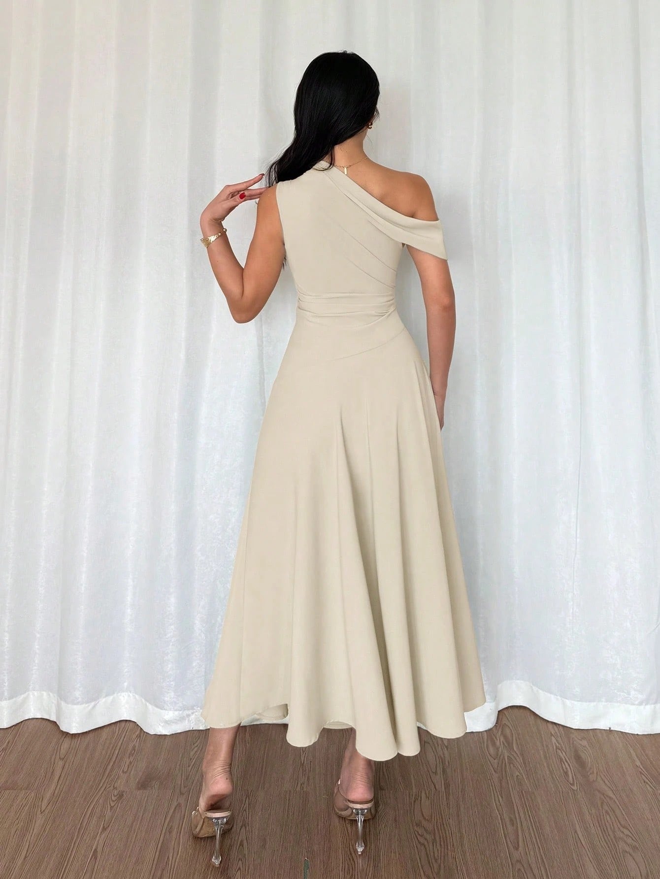 Fashzeo apricot one-shoulder fit and flare dress with dramatic ruffle detail for summer vacations and graduation ceremonies1