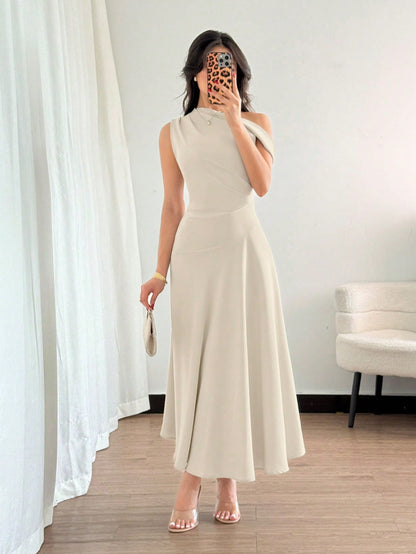 Fashzeo apricot one-shoulder fit and flare dress with dramatic ruffle detail for summer vacations and graduation ceremonies2