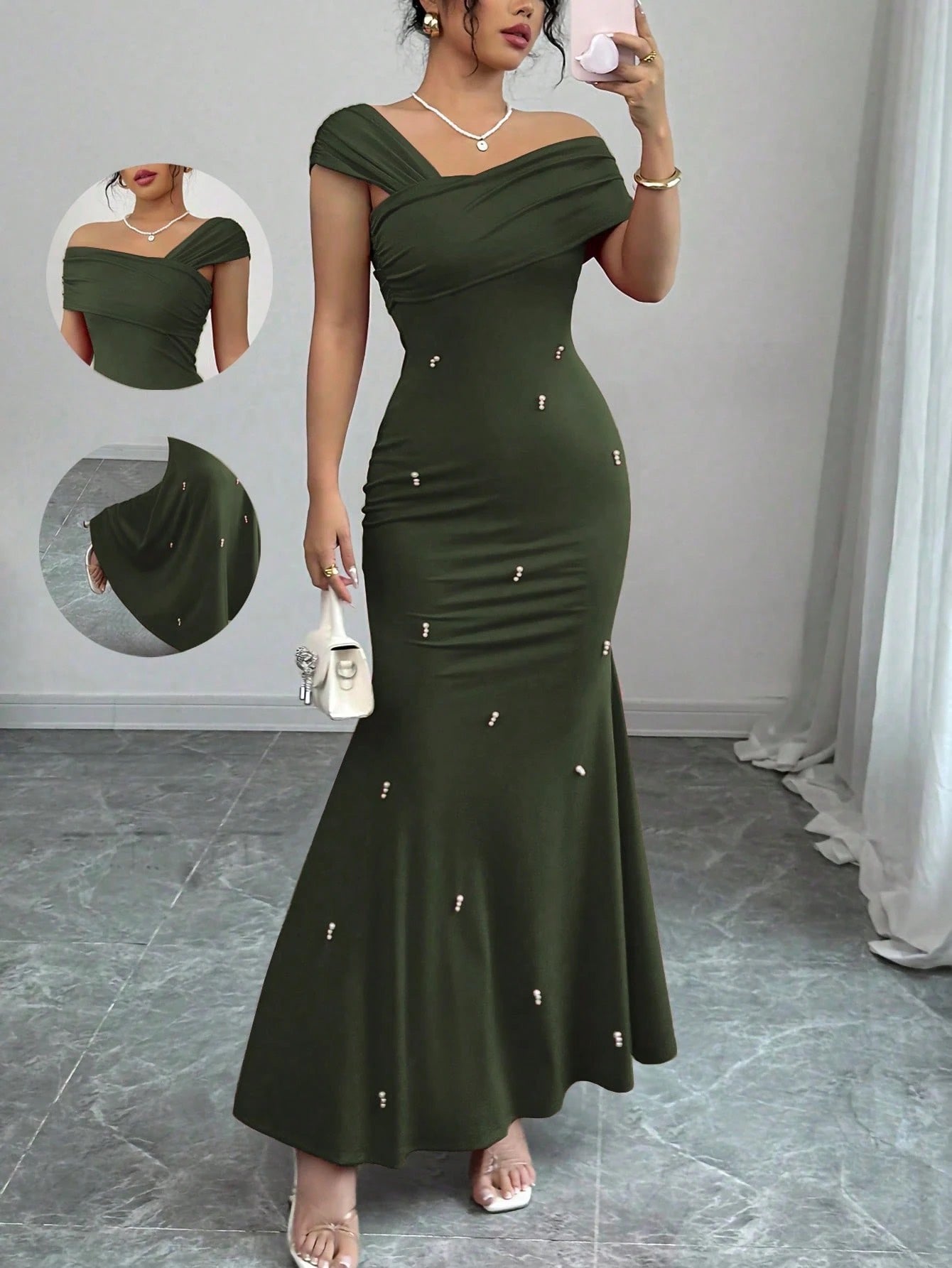 Fashzeo army green asymmetrical beaded mermaid long dress featuring a sleek one-shoulder neckline and floor-length evening gown silhouette.
