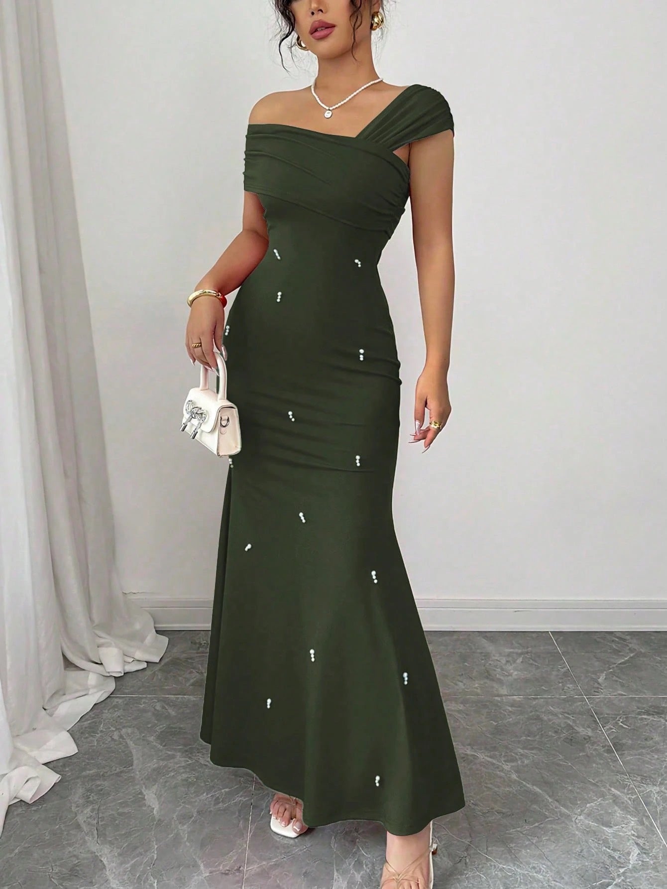 Fashzeo army green asymmetrical beaded mermaid long dress featuring a sleek one-shoulder neckline and floor-length evening gown silhouette.