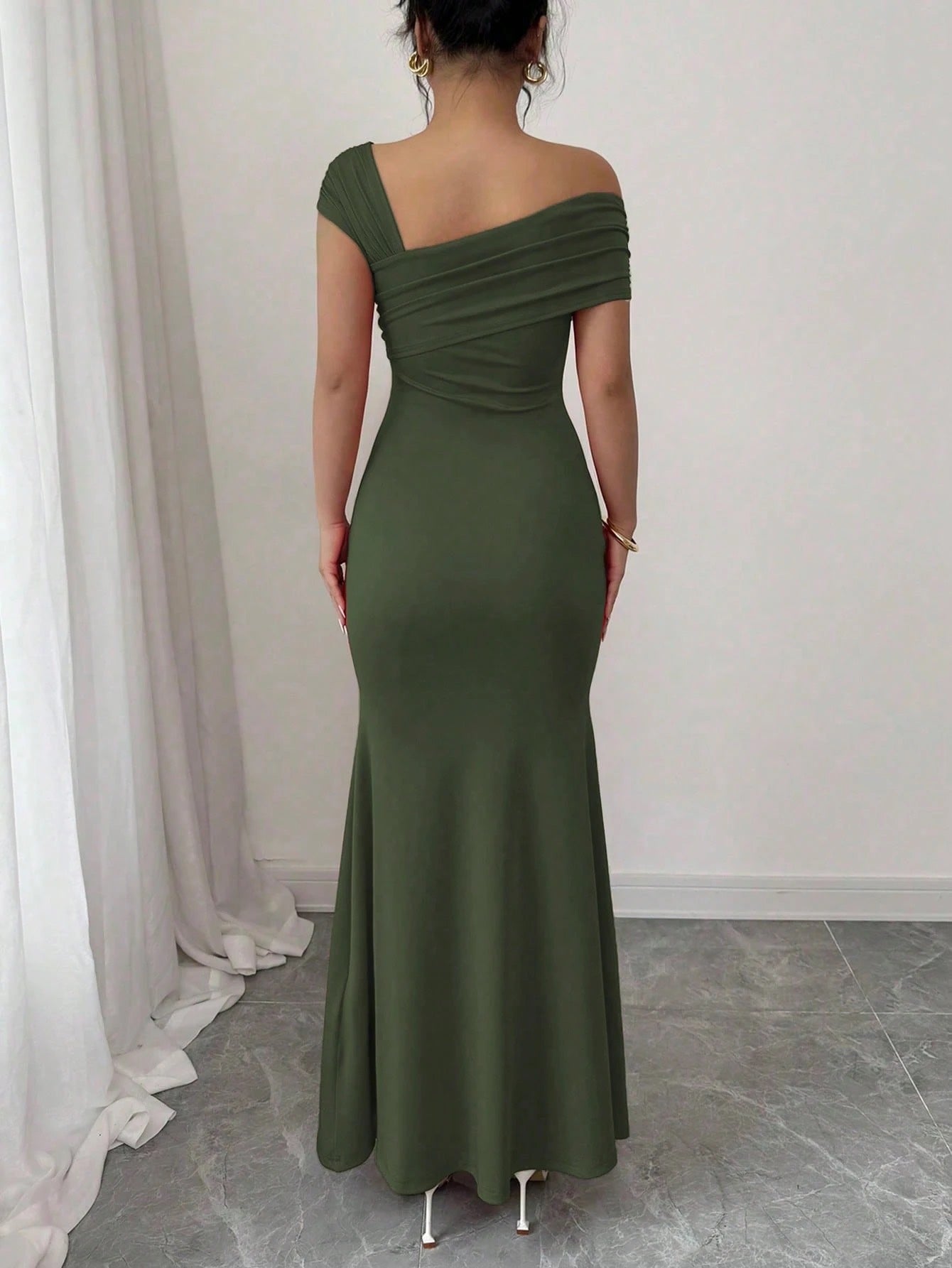 Fashzeo army green asymmetrical beaded mermaid long dress featuring a sleek one-shoulder neckline and floor-length evening gown silhouette