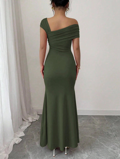 Fashzeo army green asymmetrical beaded mermaid long dress featuring a sleek one-shoulder neckline and floor-length evening gown silhouette