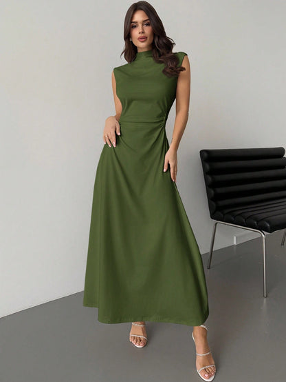 Fashzeo army green high neck sleeveless long dress featuring a cinched ruched waist for an elegant and modest romantic aesthetic.