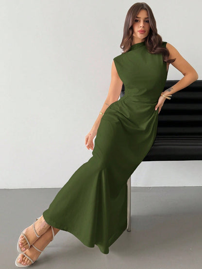 Fashzeo army green high neck sleeveless long dress featuring a cinched ruched waist for an elegant and modest romantic aesthetic.2