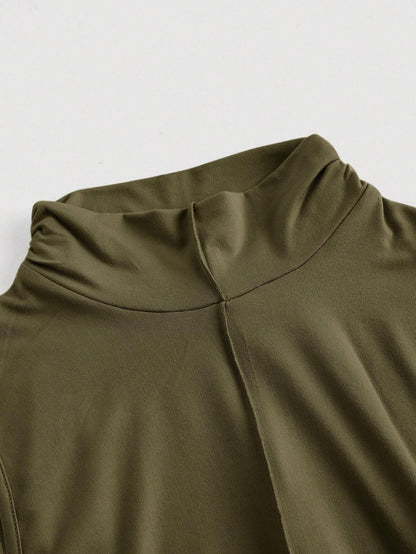 Fashzeo army green mock neck sleeveless long dress featuring a sleek bodycon fit and high neck for an elegant party wear aesthetic.