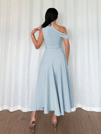 Fashzeo baby blue one-shoulder fit and flare dress with dramatic ruffle detail for summer vacations and graduation ceremonies.1