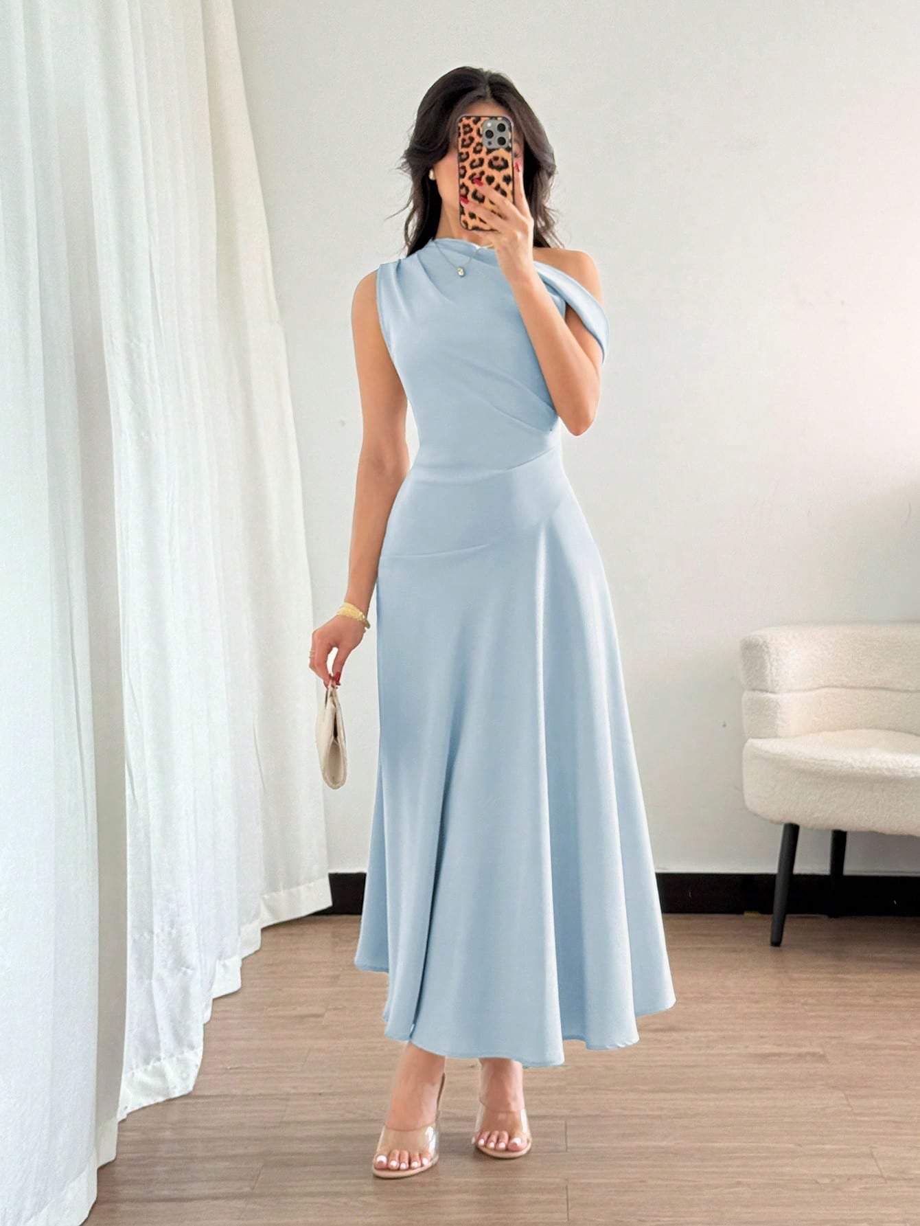 Fashzeo baby blue one-shoulder fit and flare dress with dramatic ruffle detail for summer vacations and graduation ceremonies.3