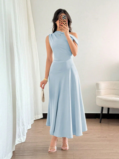 Fashzeo baby blue one-shoulder fit and flare dress with dramatic ruffle detail for summer vacations and graduation ceremonies.3