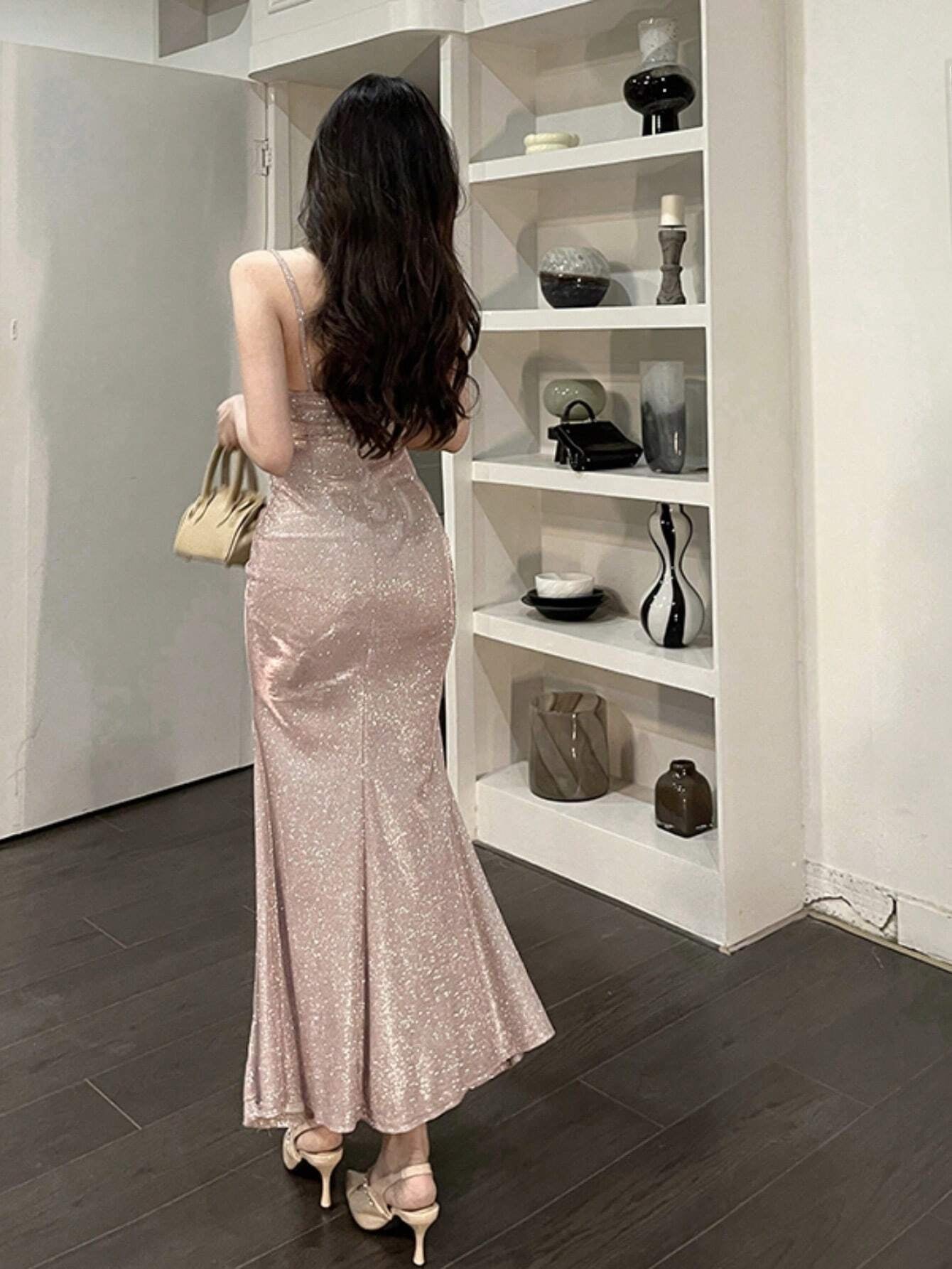 Fashzeo baby pink ruched mermaid long dress with spaghetti straps and shimmer fabric, designed for premium Indian party wear.