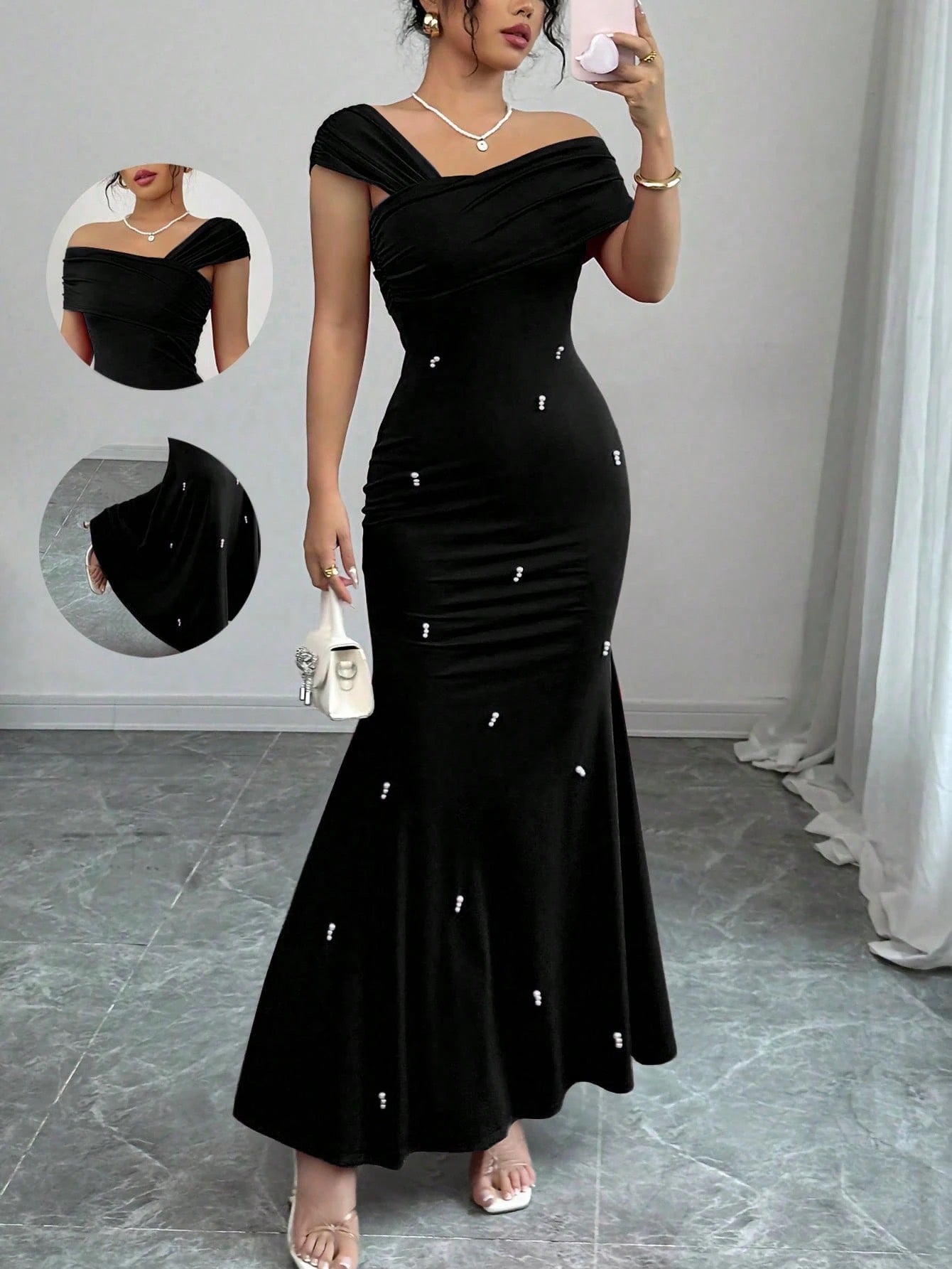 Fashzeo black asymmetrical beaded mermaid long dress featuring a sleek one-shoulder neckline and floor-length evening gown silhouette.