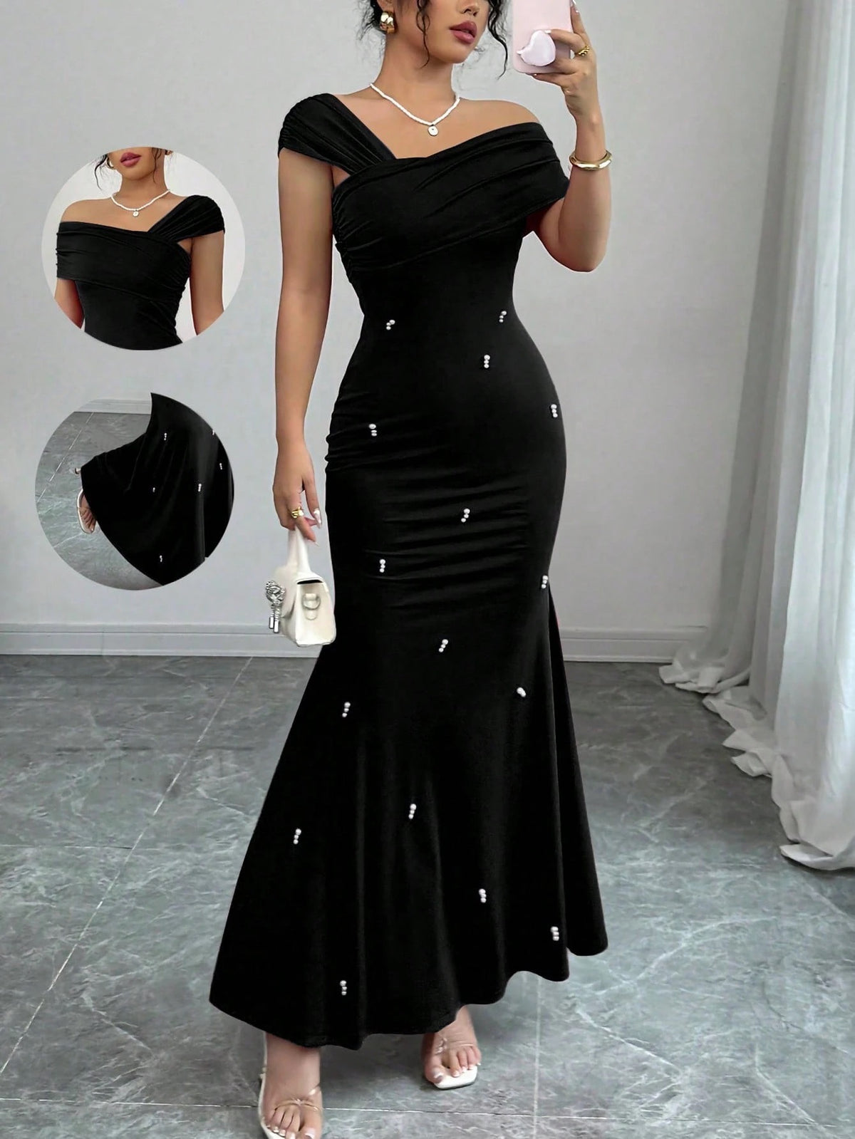 Fashzeo black asymmetrical beaded mermaid long dress featuring a sleek one-shoulder neckline and floor-length evening gown silhouette.