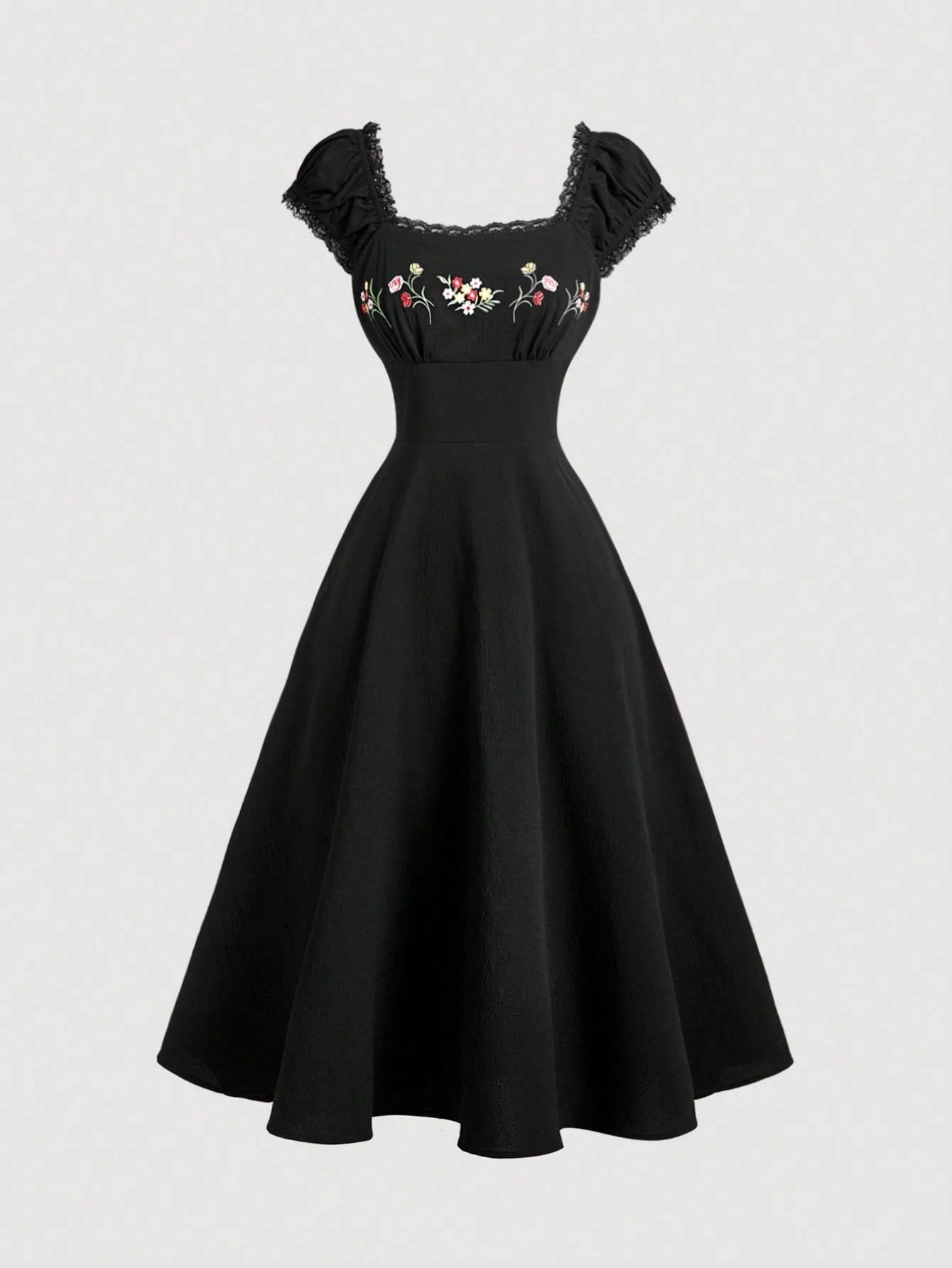 Fashzeo black embroidered midi dress with contrast lace square neck and puff shell sleeves