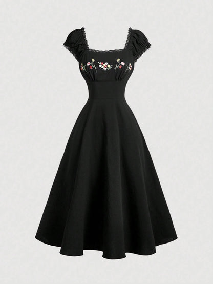 Fashzeo black embroidered midi dress with contrast lace square neck and puff shell sleeves