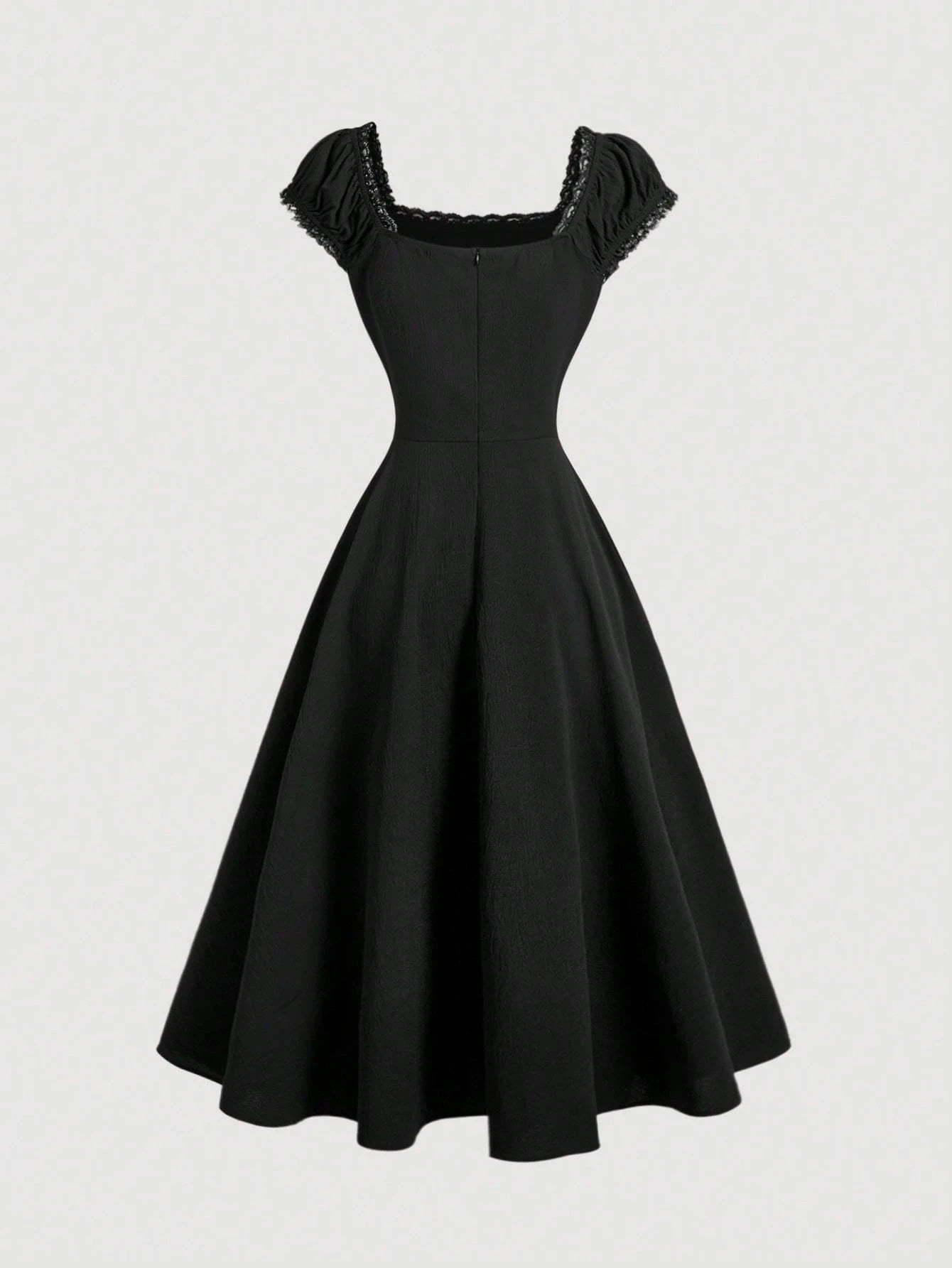 Fashzeo black embroidered midi dress with contrast lace square neck and puff shell sleeves1