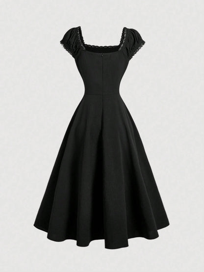 Fashzeo black embroidered midi dress with contrast lace square neck and puff shell sleeves1