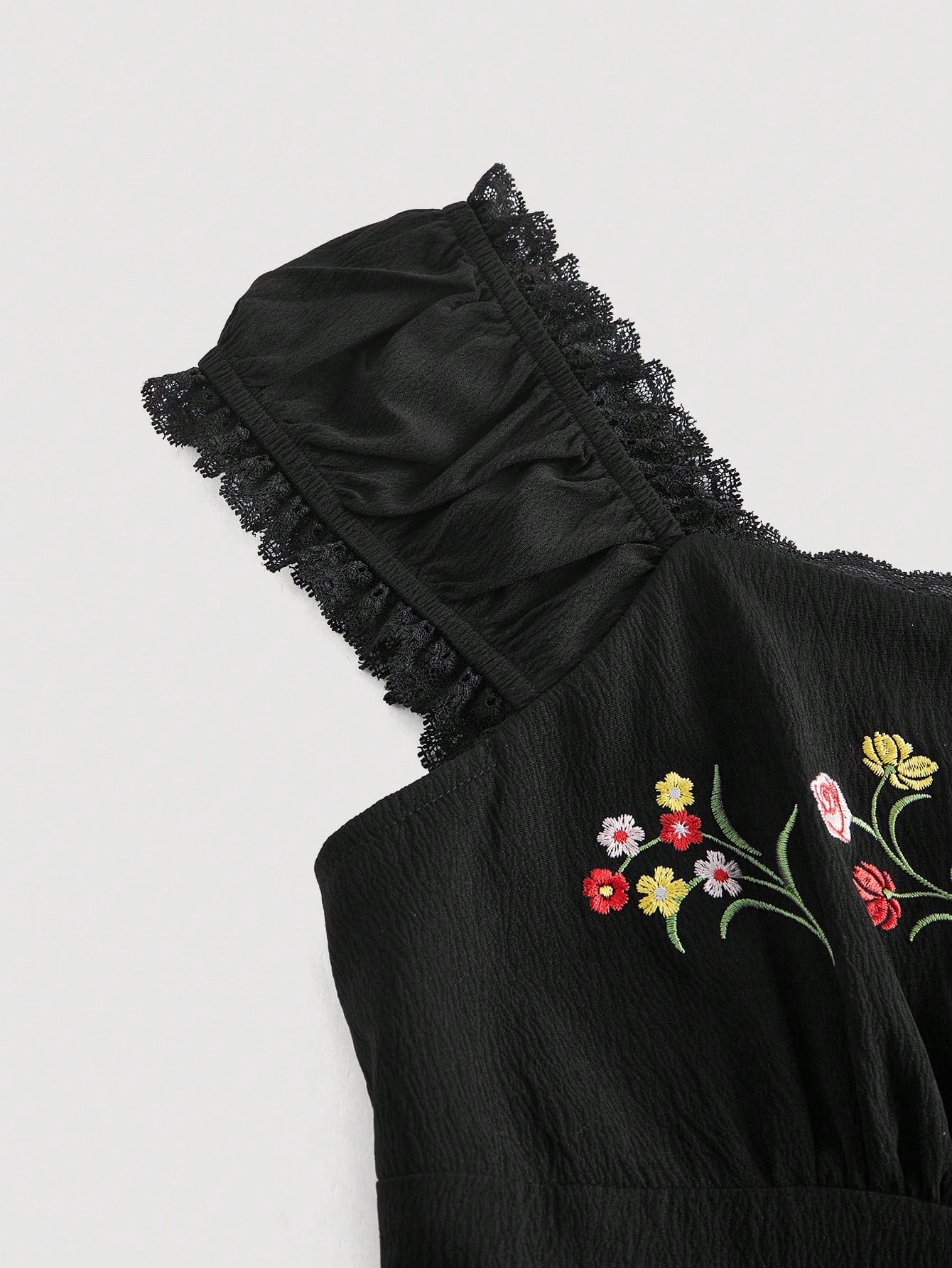 Fashzeo black embroidered midi dress with contrast lace square neck and puff shell sleeves2