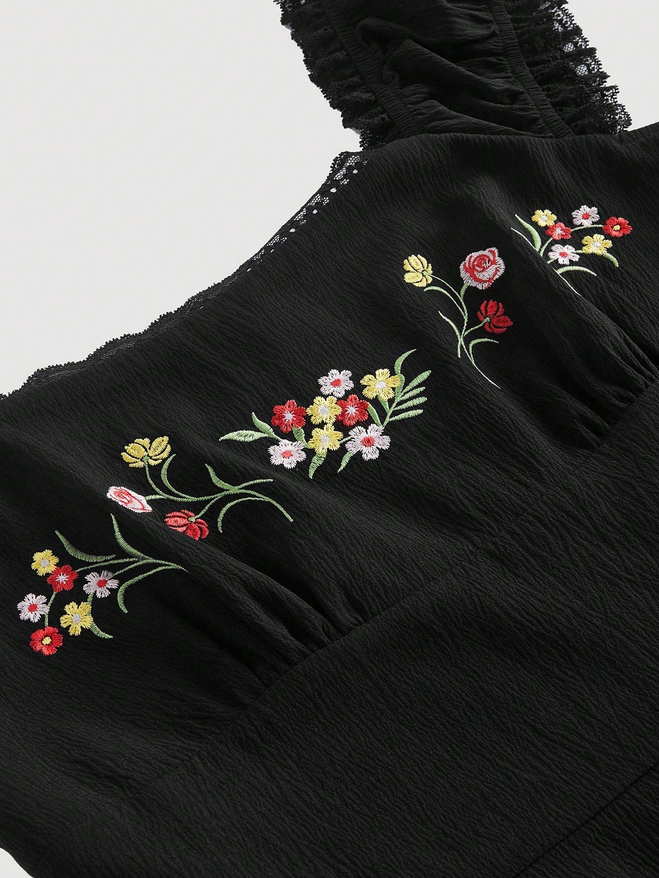 Fashzeo black embroidered midi dress with contrast lace square neck and puff shell sleeves3