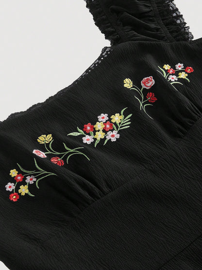 Fashzeo black embroidered midi dress with contrast lace square neck and puff shell sleeves3