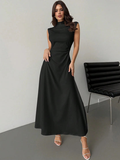 Fashzeo black high neck sleeveless long dress featuring a cinched ruched waist for an elegant and modest romantic aesthetic.