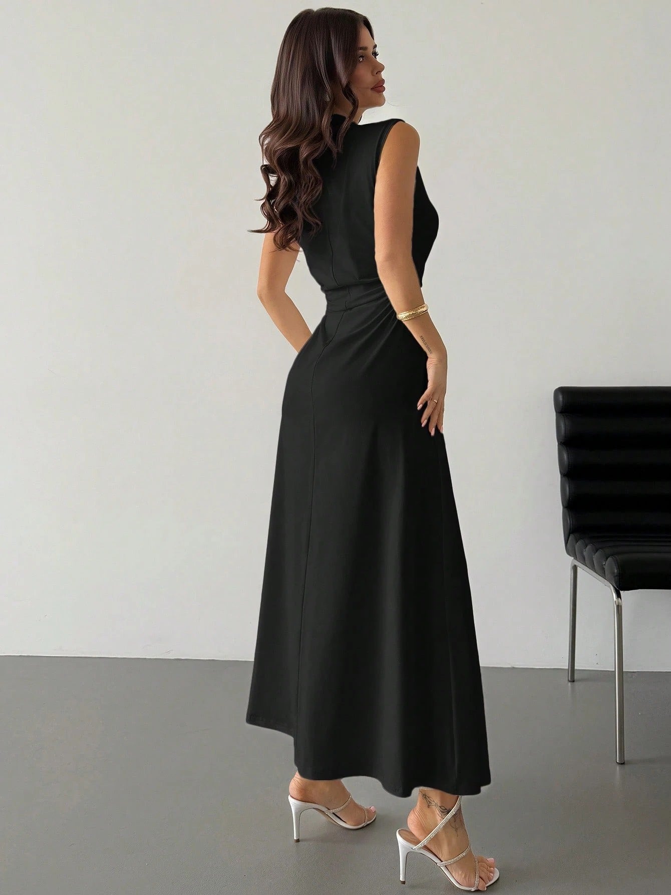 Fashzeo black high neck sleeveless long dress featuring a cinched ruched waist for an elegant and modest romantic aesthetic.1