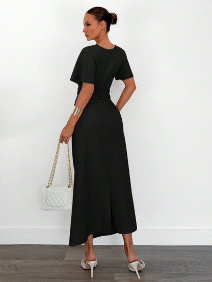 Fashzeo black linen blend long dress featuring a square neck, high slit, and ruffled fishtail hem for a quiet luxury aesthetic.1