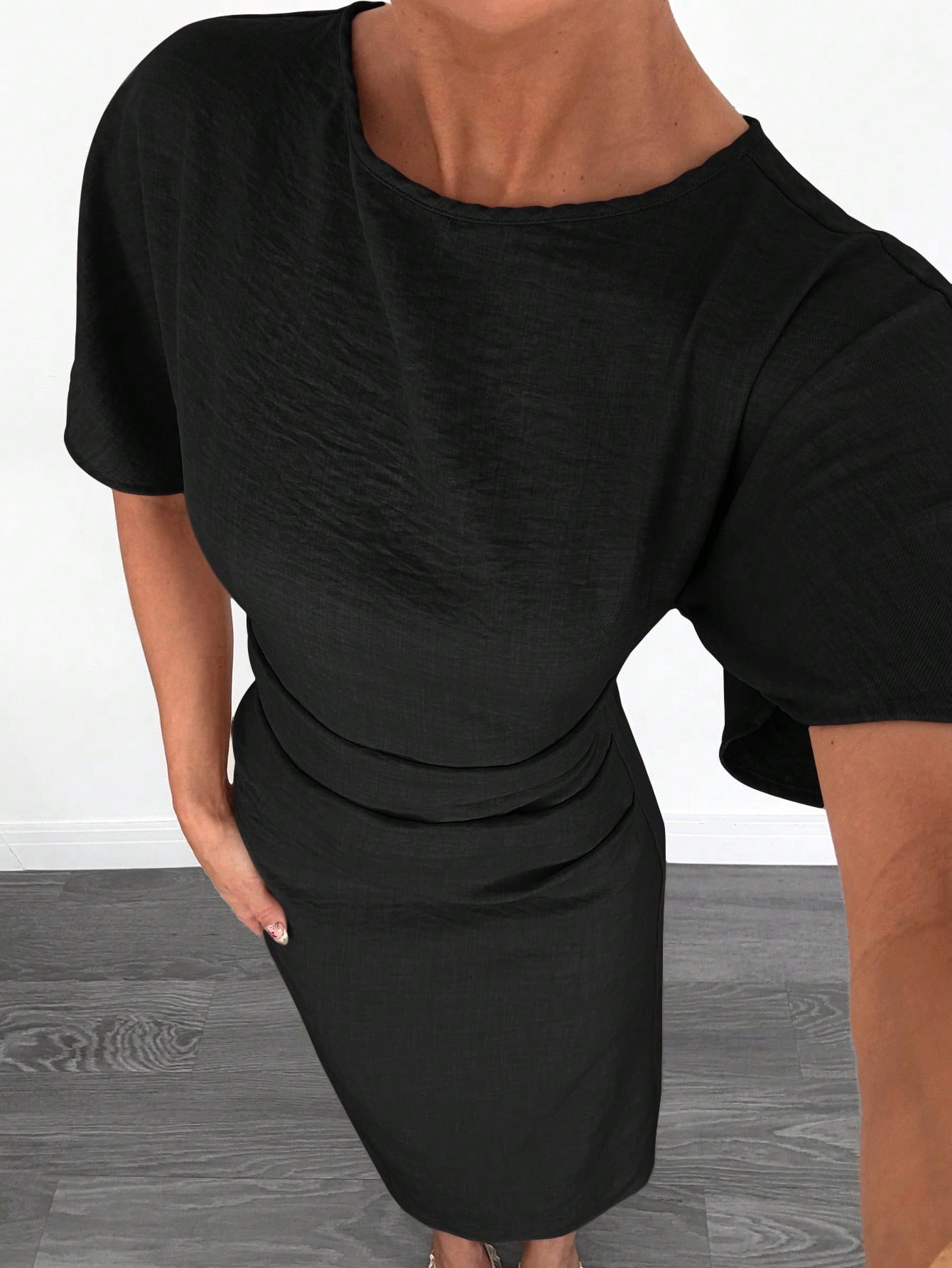 Fashzeo black linen blend long dress featuring a square neck, high slit, and ruffled fishtail hem for a quiet luxury aesthetic.3