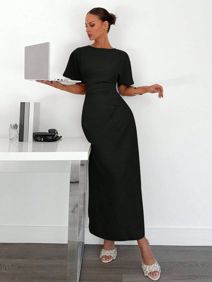 Fashzeo black linen blend long dress featuring a square neck, high slit, and ruffled fishtail hem for a quiet luxury aesthetic.4