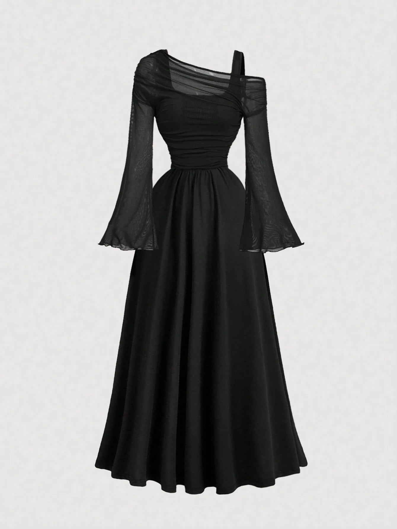 Fashzeo black off-shoulder mesh 2-in-1 dress with dramatic trumpet sleeves and asymmetrical neckline for women's vintage boho fashion