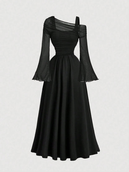 Fashzeo black off-shoulder mesh 2-in-1 dress with dramatic trumpet sleeves and asymmetrical neckline for women's vintage boho fashion