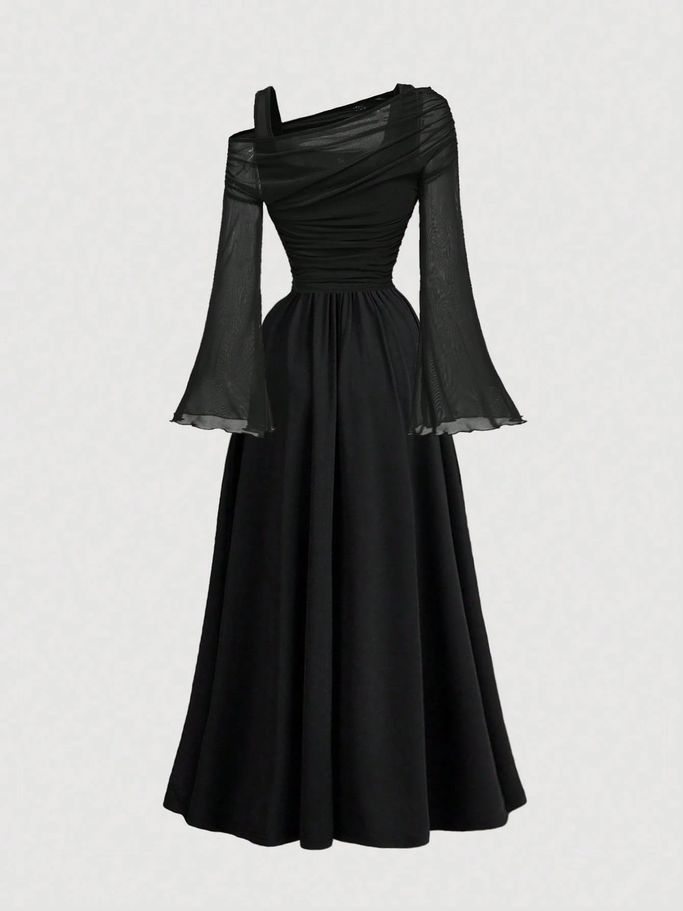 Fashzeo black off-shoulder mesh 2-in-1 dress with dramatic trumpet sleeves and asymmetrical neckline for women's vintage boho fashion1