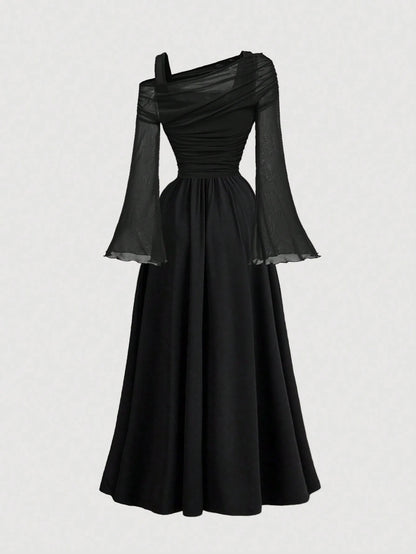 Fashzeo black off-shoulder mesh 2-in-1 dress with dramatic trumpet sleeves and asymmetrical neckline for women's vintage boho fashion1