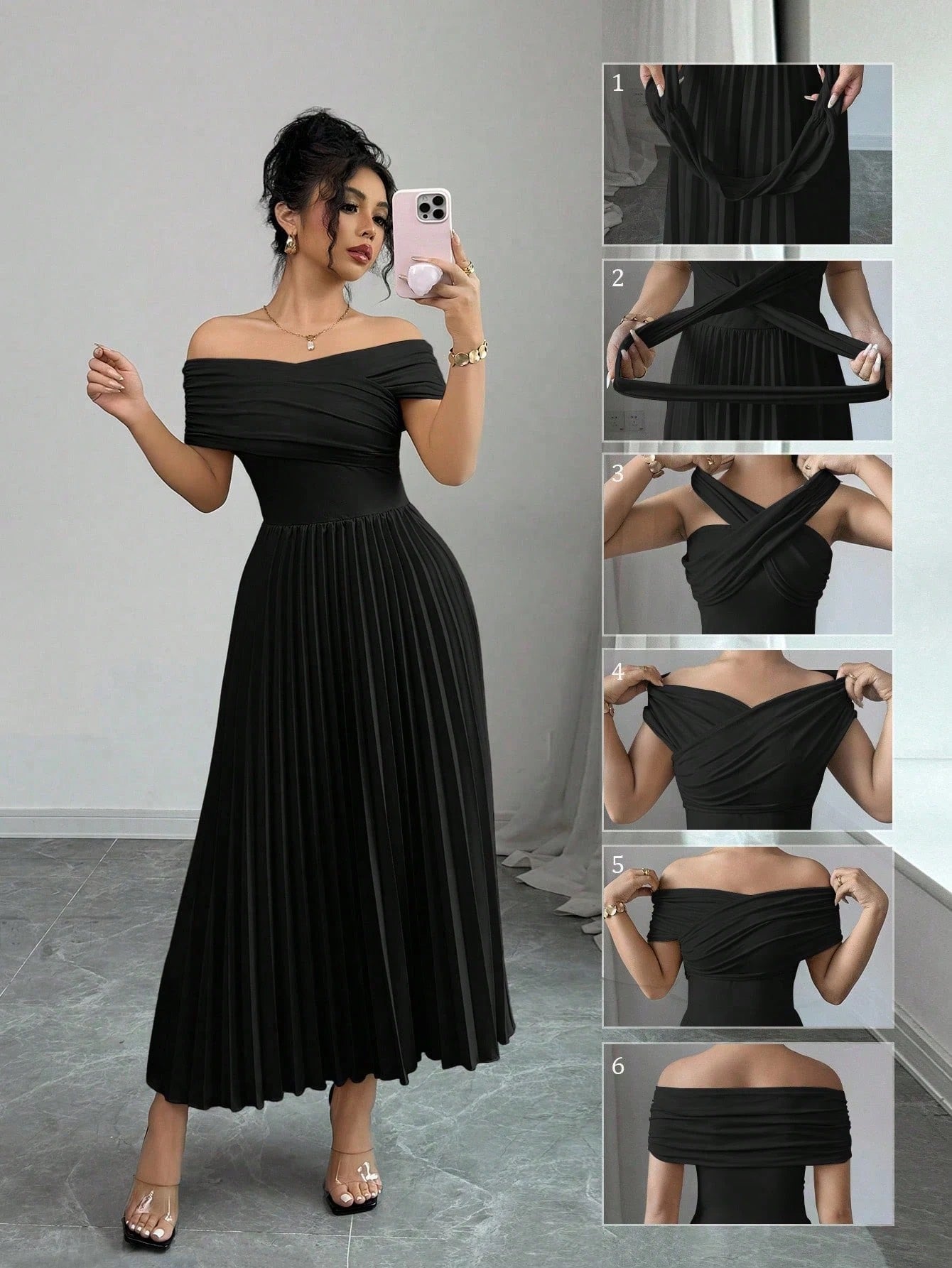 Fashzeo black off-shoulder pleated midi dress with a cinched waist and long sleeves for an elegant party wear look