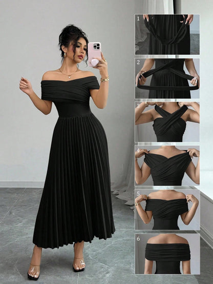 Fashzeo black off-shoulder pleated midi dress with a cinched waist and long sleeves for an elegant party wear look