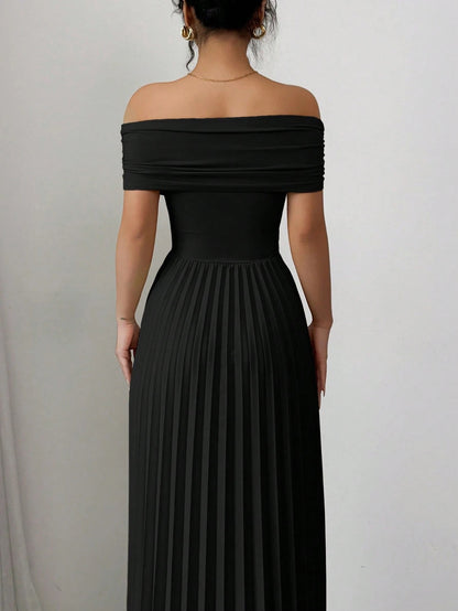 Fashzeo black off-shoulder pleated midi dress with a cinched waist and long sleeves for an elegant party wear look