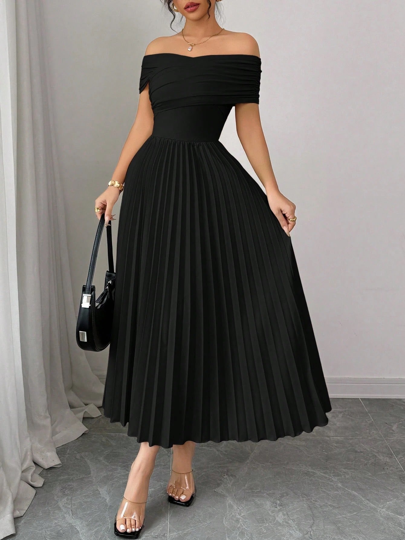 Fashzeo black off-shoulder pleated midi dress with a cinched waist and long sleeves for an elegant party wear look