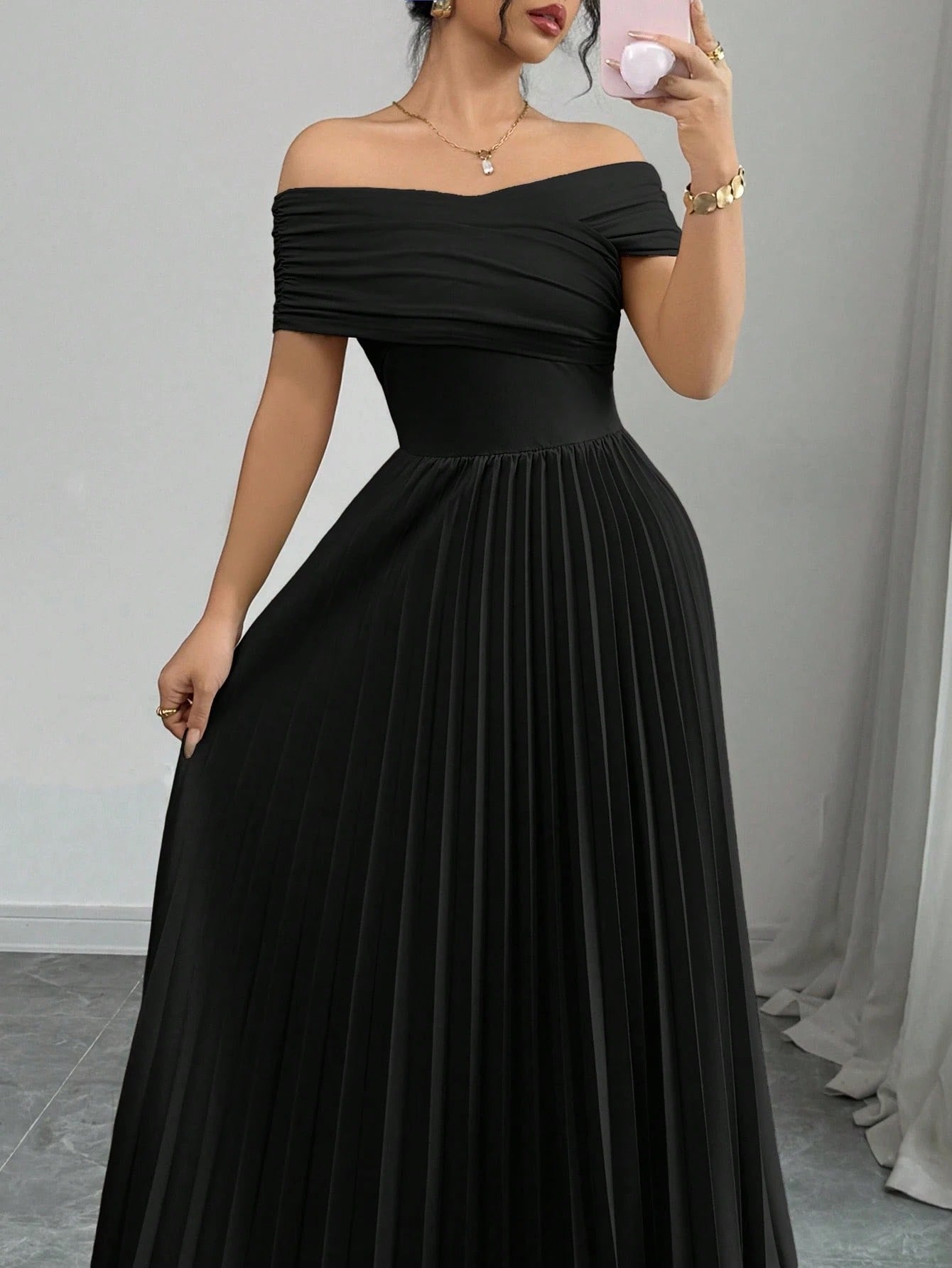 Fashzeo black off-shoulder pleated midi dress with a cinched waist and long sleeves for an elegant party wear look