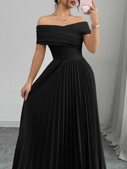 Fashzeo black off-shoulder pleated midi dress with a cinched waist and long sleeves for an elegant party wear look