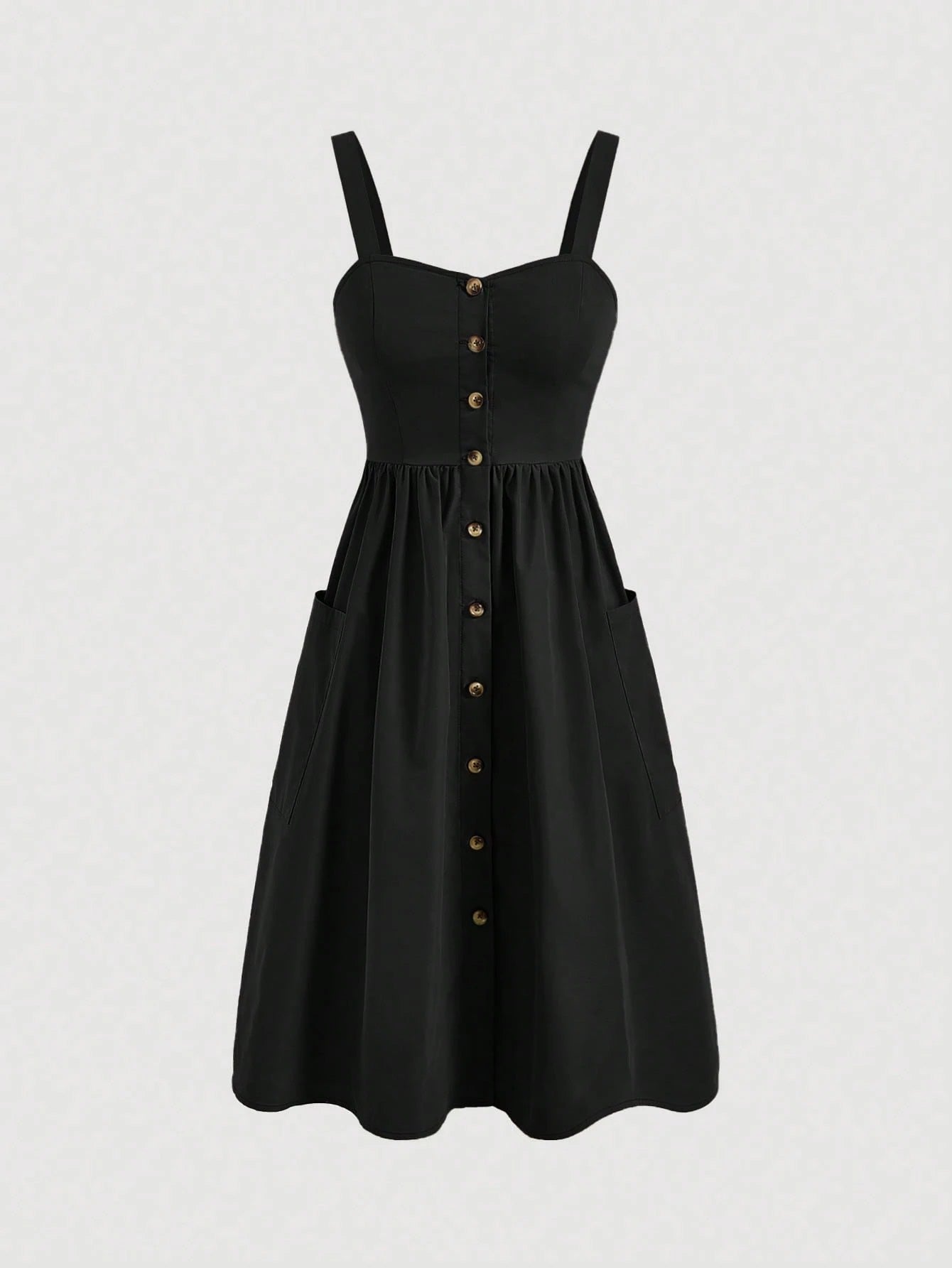 Fashzeo black sleeveless button-front midi sundress with wide straps and functional side pockets for women summer fashion