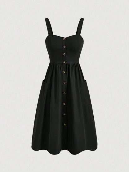 Fashzeo black sleeveless button-front midi sundress with wide straps and functional side pockets for women summer fashion