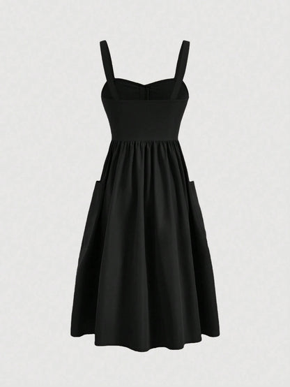 Fashzeo black sleeveless button-front midi sundress with wide straps and functional side pockets for women summer fashion1