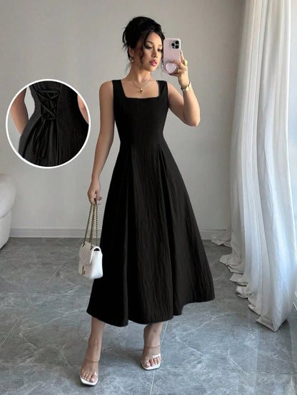 Fashzeo black sleeveless square neck midi dress with adjustable backless lace-up corset detail for women summer fashion.