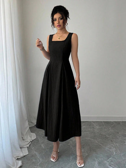 Fashzeo black sleeveless square neck midi dress with adjustable backless lace-up corset detail for women summer fashion.2
